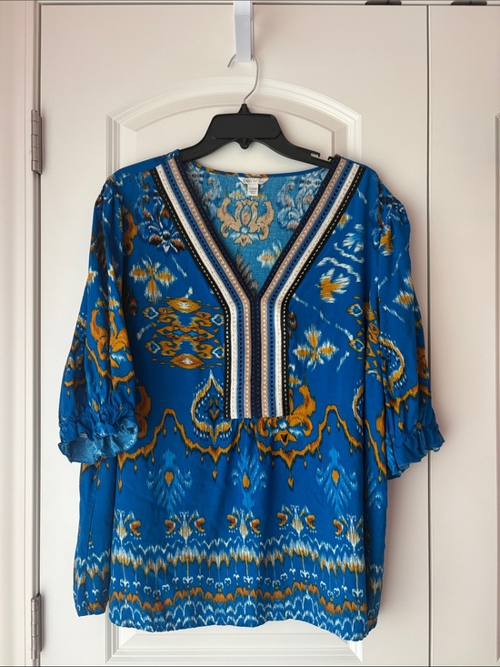 Cato Tops - Cato Blue and Mustard Short Sleeve Blouse